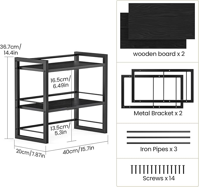 Office Desk Shelf Organizer, Wood Desktop Bookshelf Supplies Storage Rack, Shelf for Top of Desk and Dresser (Pure Black-2 Tier)