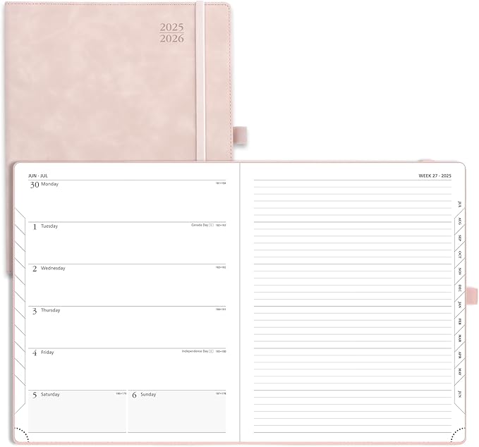 POPRUN Weekly Planner 2025-2026 (Large 8.5''x 10.5'') Academic Calendar (JUL.25 - JUN.26) Appointment Book with Monthly Tabs, Leather Soft Cover, Inner Pocket, 100 GSM - Pink