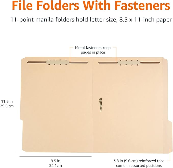 Amazon Basics Manila File Folders with Fasteners for Organized Filing, Letter Size, Light Brown, 100-Pack