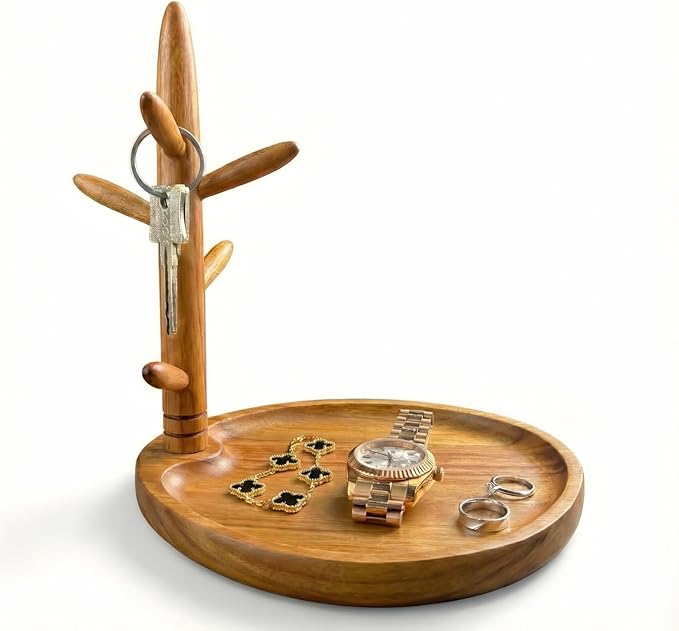 Solid Acacia Key Tray, Key Bowl for Entryway Table, Natural Catchall Tray with Key Holder Stand with 5 Hooks, Wooden Dish for Wallet, Watch, Jewelry Organizer