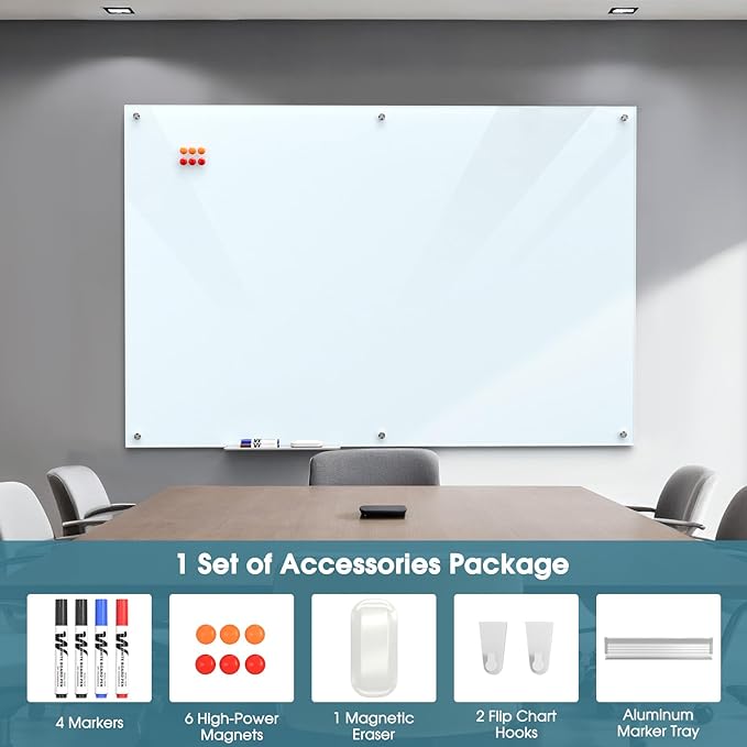 MaxGear Glass Whiteboard Wall Mounted, Frameless Magnetic Dry Erase Board, Tempered Glass, Steel-Backed, Non-Porous Smooth Surface, Floating Design, Accessories Included, for Office Home Classroom