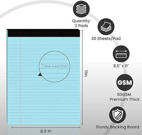 2pcs Legal Pads 8.5 x 11,Notepads 8.5 x 11 Inch, 30 Sheets/Pack, Blue Note Pads Clear Print Writing Pads of Paper, Perforate Wide Ruled Lined with Sturdy Back for Office, Business & School Supplies