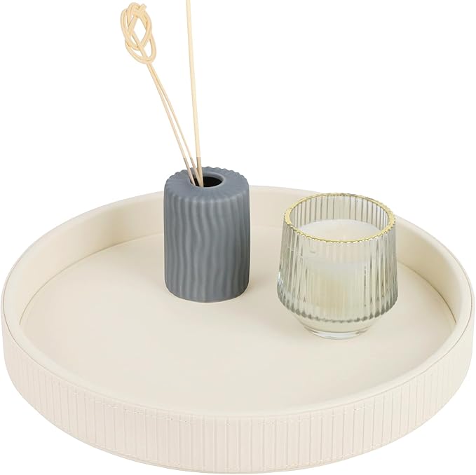 HofferRuffer Round Decorative Tray, Faux Leather Vanity Tray Decor, Decorative Catchall for Perfume, Bathroom Valet, Nightstand or Dresser, 12 x 12 x 1.6 inches (CreamWhite Stripe)