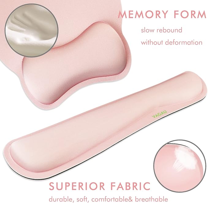 VAGAU Premium Keyboard Wrist Rest and Mouse Pad Wrist Support, Ergonomic Memory Foam Set for Office, Laptop, Mac, Computer and Gaming,Comfortable Typing &Wrist Pain Relief（Pink）