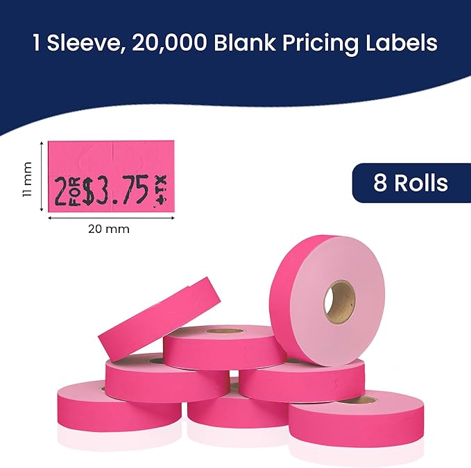 Perco Fluorescent Pink Pricing Labels for Monarch 1131 Price Gun - 1 Sleeve, 8 Rolls, 20,000 Price Marking Labels - with Ink Roll Included