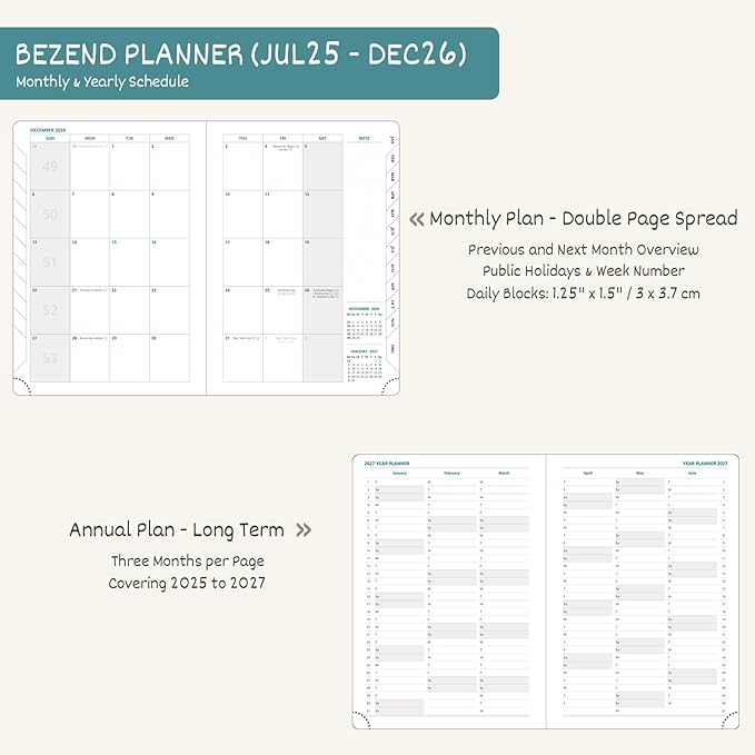 BEZEND 2026 Planner Weekly and Monthly (6" x 8.5") Daily Calendar Book with Tabs (Jul 25-Dec 26) Vertical Hourly Timeslots, Storage Pocket, Pen Holder, PU Leather Hardcover - Kiwi