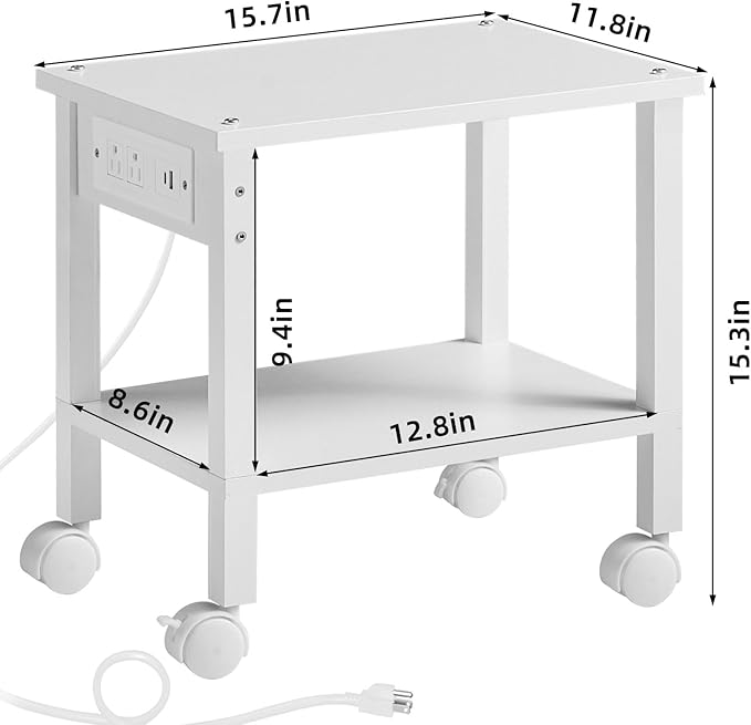 Lerliuo Under Desk Printer Stand with Charging Station, 2 Tier Wooden Small Printer Table with Storage, Rolling Printer Cart Shelf with Lockable Wheels for Home, Office (White)