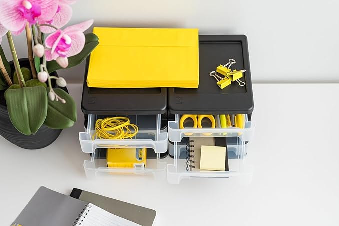 IRIS USA Plastic Stacking Desk Top 3-Drawer Storage Organizer, 2-Pack, for Makeup Vanity Nail Polish Bathroom Stationery Art Craft Supplies Kitchen Office Garage and Small Organization, Small, Black