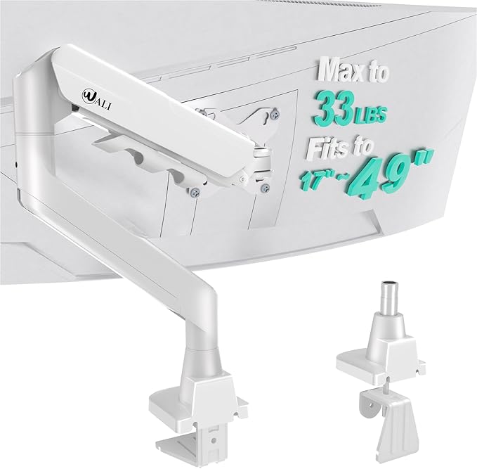 WALI Heavy Duty Single Monitor Arm for 17-49 Inch Flat Curved Ultrawide Screens, up to 33 Lbs, Adjustable Gas Spring Single Monitor Desk Mount for Home Office Gaming, VESA 75/100mm (GSM001XLNW), White