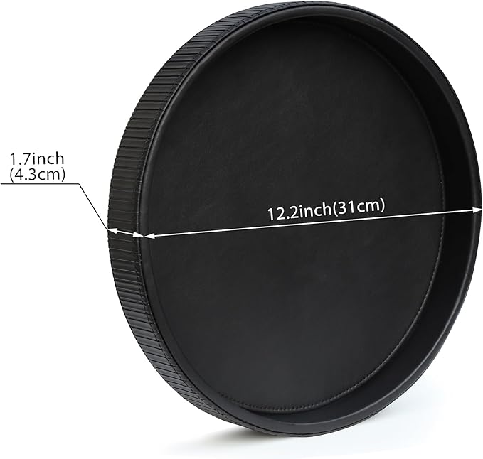 HofferRuffer Round Decorative Tray, Faux Leather Vanity Tray Decor, Decorative Catchall for Perfume, Bathroom Valet, Nightstand or Dresser, 12 x 12 x 1.6 inches (Black Stripe)