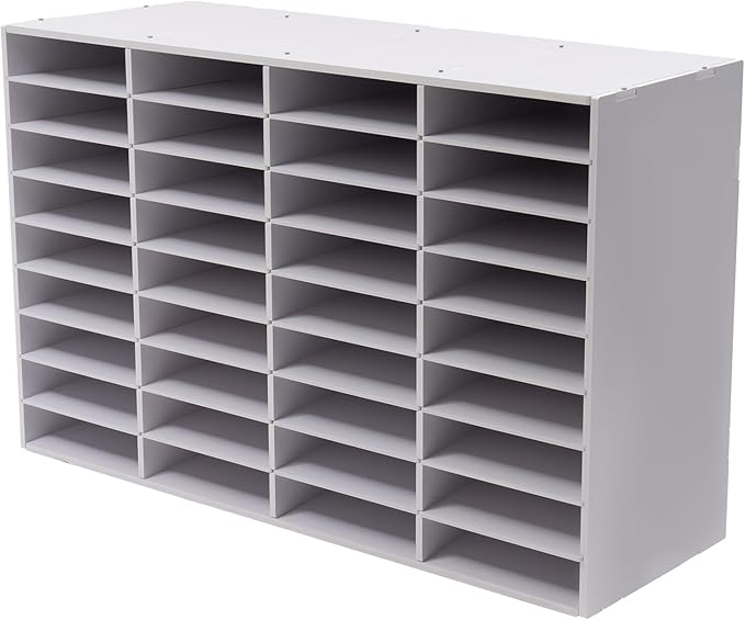 36 Slots Literature Organizer, Desktop Paper & Mail File Sorter for Classroom/Office/Home, PVC File Storage Cabinet with Adjustable Compartments, Multi-Purpose Mail Center (White-36 Compartments)