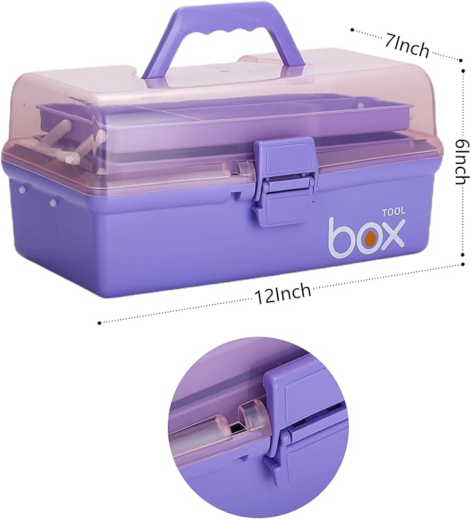 12'' Three-Layer Clear Plastic Storage Box/Tool Box, Multipurpose Organizer and Portable Handled Storage Case for Art Craft and Cosmetic (Purple)