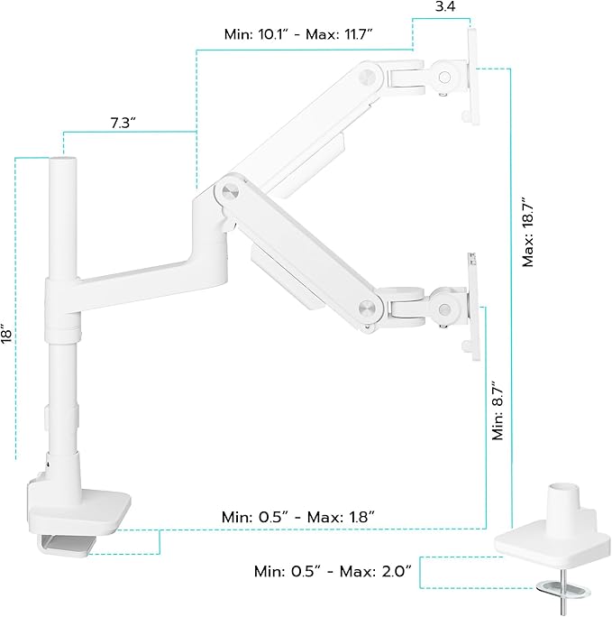 ARES WING Heavy-Duty Monitor Mount for 17-49 inches Ultrawide Curved Flat Monitors Holds 44lbs, with 18" Extended Column for Desk, Adjustable Gas Spring, White
