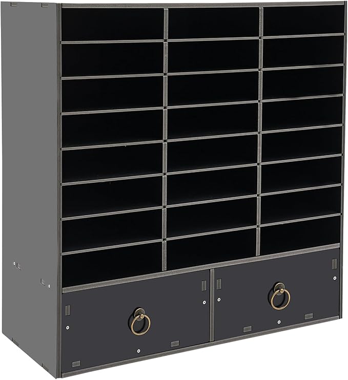 DYRABREST 24 Compartments Literature Organizer with 2 Drawers, Adjustable Desktop File Sorter Mail Center Paper Storage Cabinet with Adjustable Shelves for Home Office