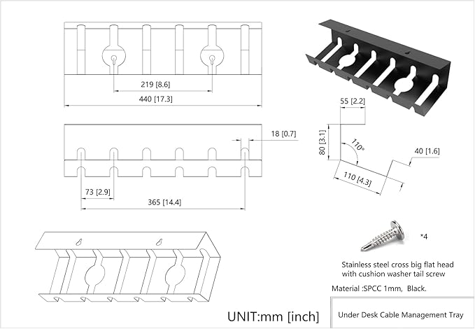 2 Pcs of Cable Management Under Desk for Easy Mounting Metal Under Desk Cable Organizer for Office, Home Cable Tray Holder (UnderDeskCM)