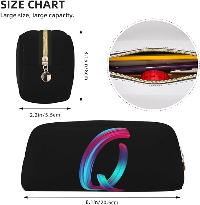 Cute Initial Pencil Case for Kids Simple Leather Pencil Pouch for Boys Girls Letter Design Pencil Box Pen Bag Pencil Pouch Office Stationery Organizer, Rainbow Letter Q