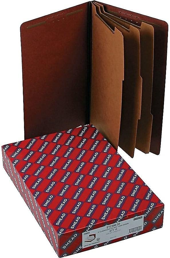 Smead 100% Recycled End Tab Pressboard Classification File Folder with SafeSHIELD Fasteners, 3 Dividers, 3" Expansion, Legal Size, Red, 10 per Box (29865)