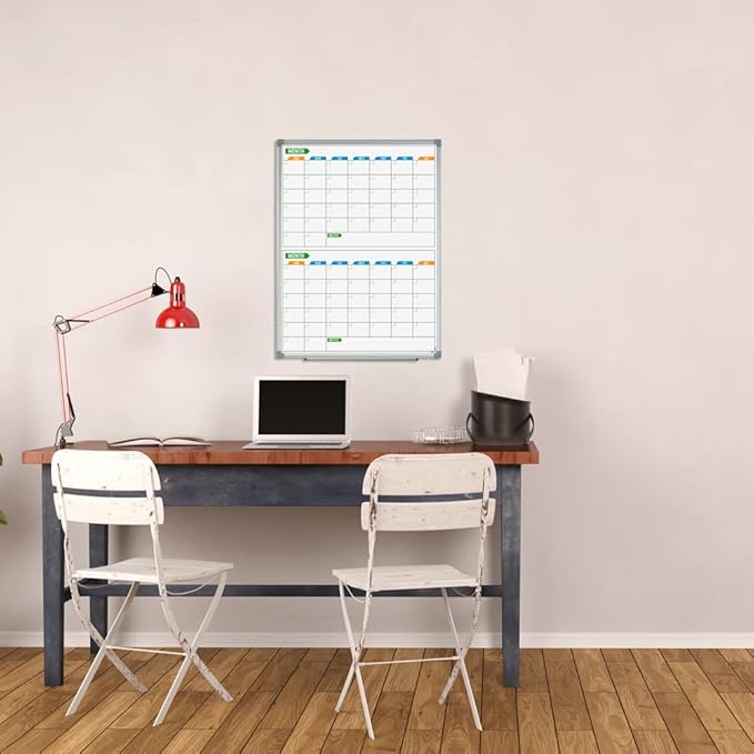 Lockways 2 Monthly Dry-Erase Calendar Whiteboard, 24" x 18", Wall-Mounted Aluminum-Framed Calendar Board