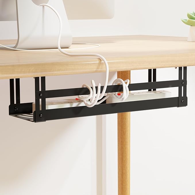 Under Desk Cable Management Tray, 17 in Metal Cable Tray Basket for Wire Management, Power Strip Holder, Cord Organizer, Wire Tamer for Home/Office Desk Cable Hider Black