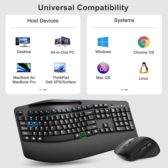 Wireless Keyboard and Mouse Combo, 2.4G Full Size Wave Keys Ergonomic Keyboard with Wrist Rest, Phone Holder, 3-Level DPI Wireless Silent Mouse with 6-Buttons, for Windows, Mac OS, Laptop, PC (Black)
