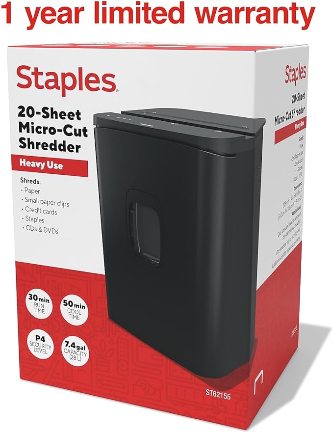 Staples 20-Sheet Micro-Cut Shredder – High-Security Microcut for Paper, Cards & Discs, Ultra-Quiet Office Shredding