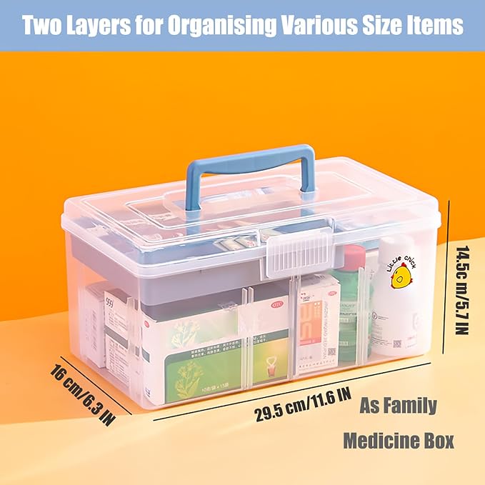 Clear Plastic Arts & Craft Supplies Organizer Box Large with a Removable Tray & A Partition & Handle, Office Home School Desktop Stationery Storage Box, Medicine Box (Clear & Ocean Blue)