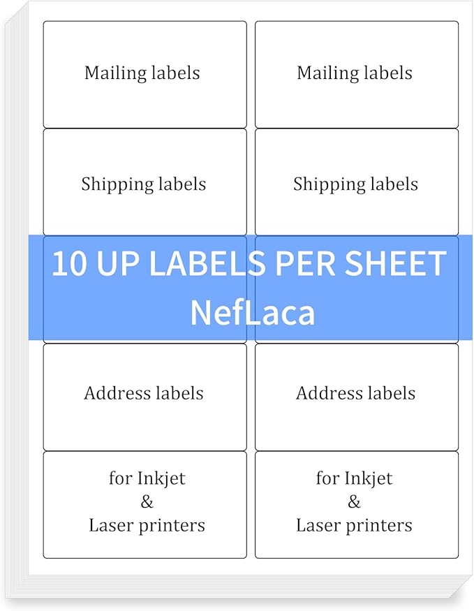 NefLaca 100 Sheets 2"x4" Shipping Address Labels, 10-UP Blank Mailing Labels, White Self-Adhesive Customized Stickers for Inkjet and Laser Printer