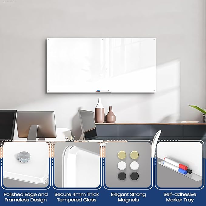 0.3mm Reinforced Metal Backing Glass White Board for Wall, 96" x 48" Extra Large Magnetic Pure White Tempered Glass Board with Frameless Design, 8' x 4' Dry Erase Board for Home, Office