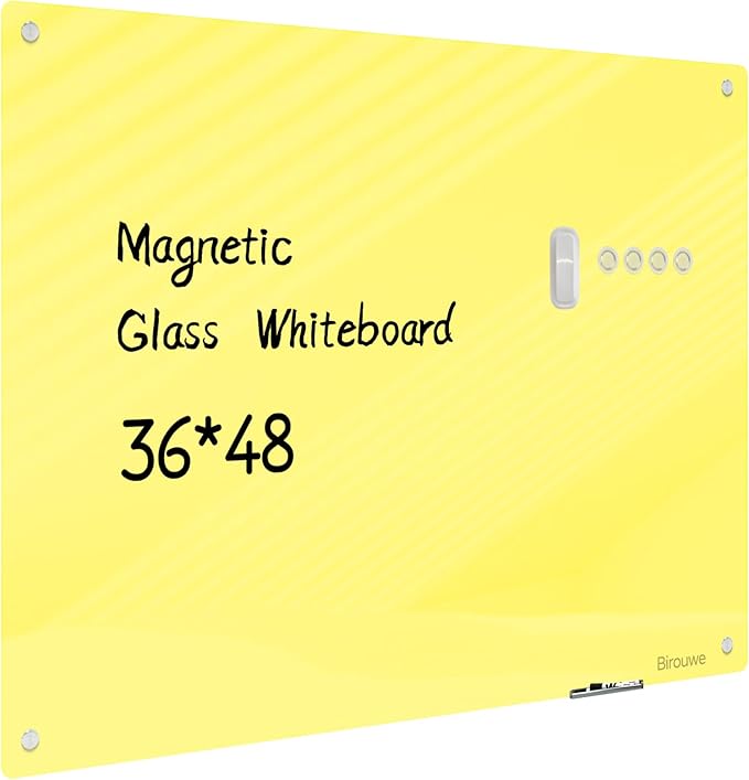 Magnetic Glass Whiteboard - 48"x36" Frameless Glass Dry Erase Board for Walls, Office, School & Home - Yellow