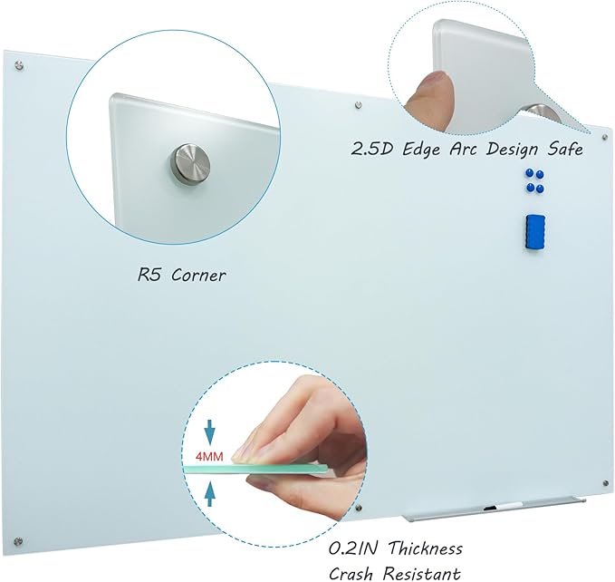 Magnetic Frosted Glass Whiteboard - 48"x72"(120x180cm) Frameless Dry Erase Board White Board Surface Wall Mounted for Office, Classroom & Home