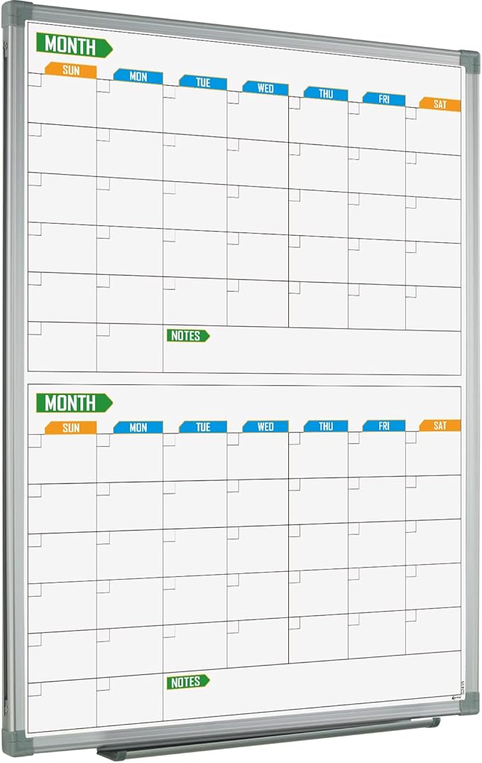 Lockways 2 Monthly Dry-Erase Calendar Whiteboard, 24" x 18", Wall-Mounted Aluminum-Framed Calendar Board