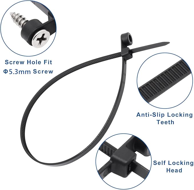 Zip Ties with Screw Hole, 100 Pcs Mountable head Cable Tie Multipurpose Heavy Duty Nylon Zip Tie for Indoor and Outdoor (12inch, 50lbs)