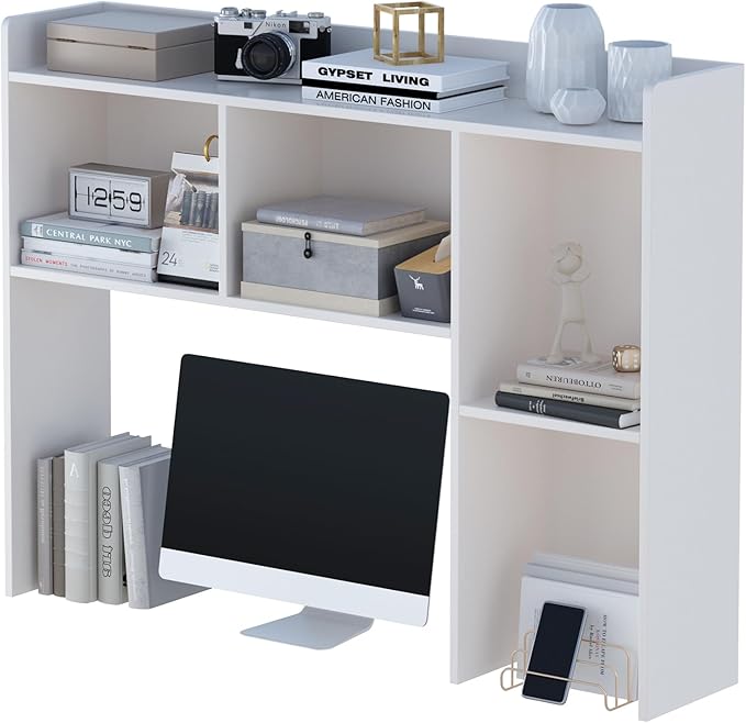 Wooden Desktop Hutch Bookshelf - Free Standing Desk Storage Shelf with Top Edge for Computer Desk, Desktop Bookcase for Dorm, Home or Office, Countertop Organizer, White, 45.3"
