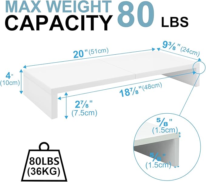 TEAMIX 20 inch White Monitor Stand Riser, Wood Desktop Stand for PC/TV/Laptop/Printer, White Monitor Riser with Storage, Computer Stand with Keyboard Organizer