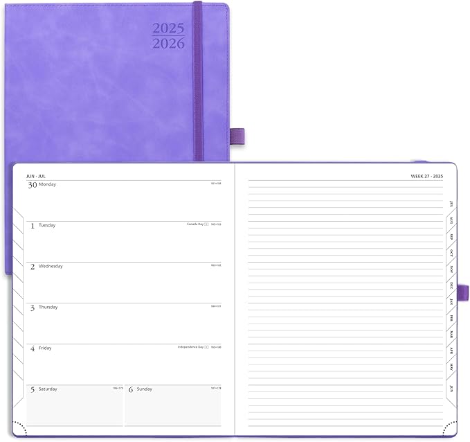 POPRUN Weekly Planner 2025-2026 (Large 8.5''x 10.5'') Academic Calendar (JUL.25 - JUN.26) Appointment Book with Monthly Tabs, Leather Soft Cover, Inner Pocket, 100 GSM - Lilac