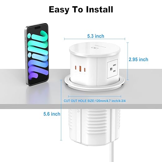 Pop Up Countertop Outlet with 15W Wireless Charger, PD 65W USB-C Ports & 4 AC Outlets, 800J Surge Protection, 4.75 inch Pop Up Electrical Outlet, 6Ft Cord for Home Office(ETL & FCC Listed)