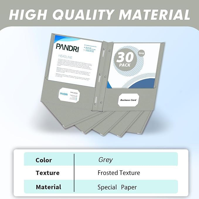 Two Pocket Folders, PANDRI 30 Pack Two Pocket Folders with Prongs, 3 Prong Folders Designed for Office and Classroom, Letter Size Grey