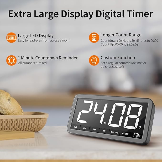 VOCOO Digital Kitchen Timer with 7.8” Extra Large Display, Magnetic LED with 3 Brightness, 4 Alarms and 3 Volume Levels, Battery Powered Countdown Count Up Timer for Cooking, Classroom, Home Gym
