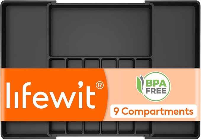 Lifewit Silverware Drawer Organizer, Expandable from 18.7 to 33 inches, Adjustable Utensil Tray for Kitchen, Large Cutlery Holder, Plastic Flatware Storage for Spoons Forks Knives, Black