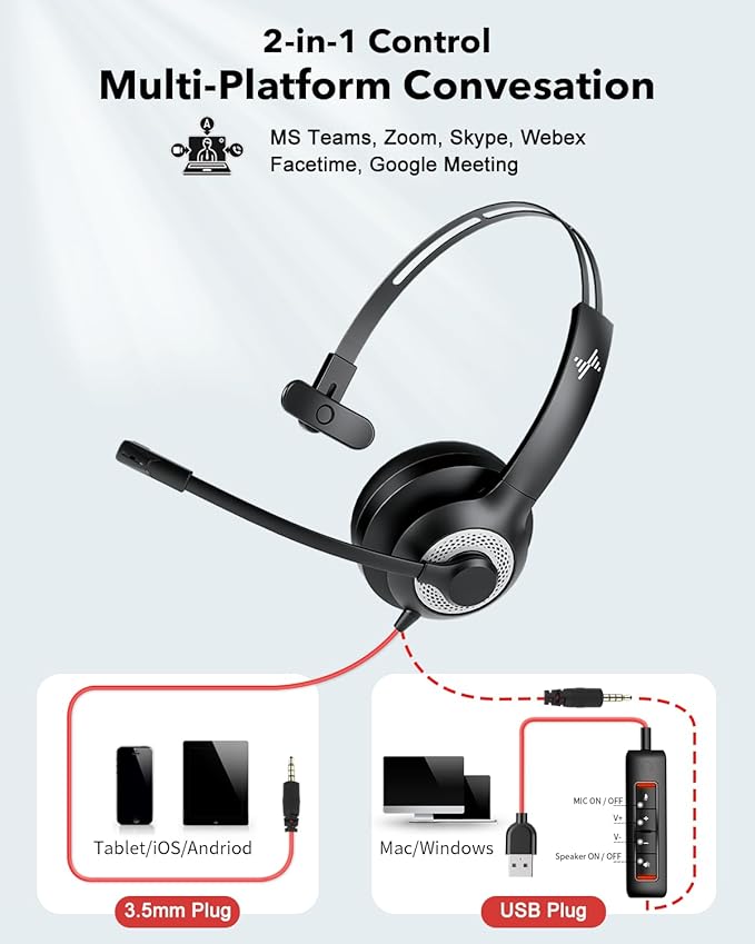 JIAMQISHI USB Headset with Mic for PC, On-Ear Computer Laptop Headphones with Noise Cancelling Microphone in-line Control for Home Office Online Class (USB+3.5mm Single Ear Headset, Black)