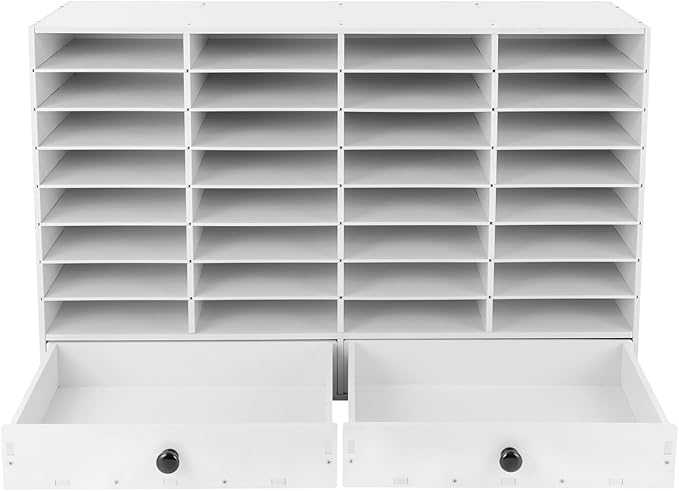 DYRABREST 32 Slot Literature Organizer Adjustable Desktop File Sorter with 2 Drawers, Stackable Office Mail Sorter 32 Compartments Magazine Holder Paper Storage Cabinet for Office Home School