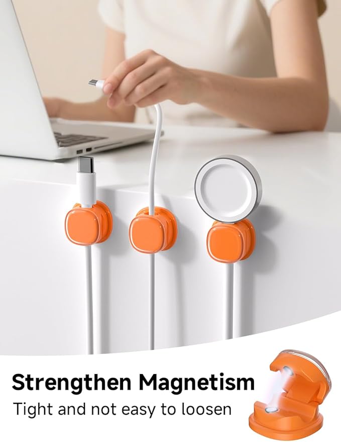 Magnetic Cable Clips, Adjustable Cord Holder Management, Adhesive Wire Keeper Organizer for Home Office Desk Phone PC Car Wall Desktop Nightstand Appliance (9-PCS Orange)
