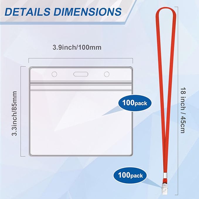 100Pcs Lanyards for ID Badges and 100 Pcs Clear Plastic Horizontal Name Badge ID Card Holders, Flat Neck Lanyards with Clip Waterproof Resealable Name Tag Badge ID Card Holders (Red)