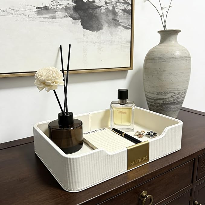 Valet Tray Nightstand Storage Organizer - PU Leather Desktop Storage Organizer Catchall Tray for Watch Wallet Phone Keys White|Beige (White)