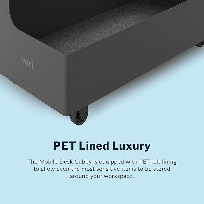 Vari Mobile Slim Under-Desk Cubby - Durable Steel & PET Felt Line - Open Storage & Easily Rolls - Dual Tier Office and Home Organizer Accessory - Black, 10” x 22” x 22”