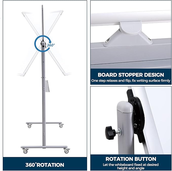 Double-Sided 40" x 28" Mobile Whiteboard with Wheels | Rolling Magnetic Dry Erase Board on Stand | Adjustable Height Silver Frame White Board for Office, Classroom & Home