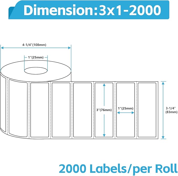 NineLeaf 4 Roll 3''x1'' Direct Thermal Label Barcodes Postage Shipping Address Labels with 2000 Labels/Roll Compatible for Zebra Eltron Rollo Desktop Label Printers