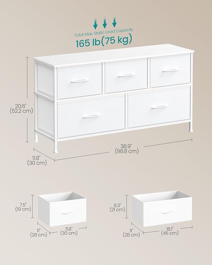 SONGMICS Dresser for Bedroom, Chest of Drawers, Steel, MDF, 5 Non-Woven Fabric Drawers, Storage Organizer Unit, Closet, Entryway, Cloud White and Snow White ULGS322W01S