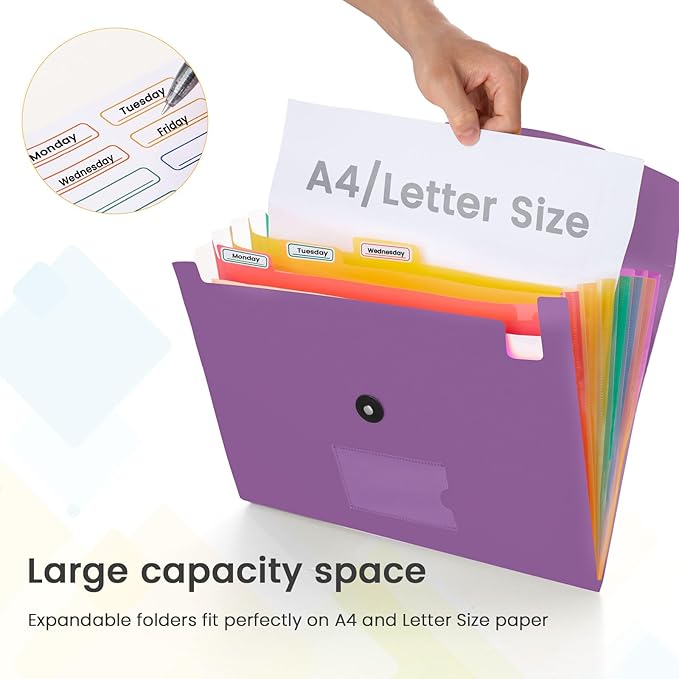Accordion File Organizer, 7 Pockets Expanding File Folder with Labels, A4/Letter Size Portable Folders for Documents, Paper Organizer for School Office Supplies, Purple
