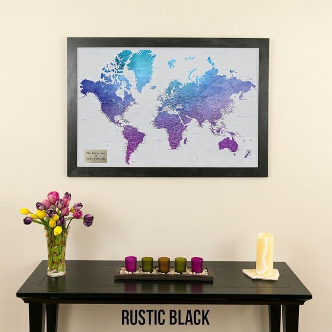 Personalized Vibrant Violet Watercolor World Travel Map with Rustic Black Frame